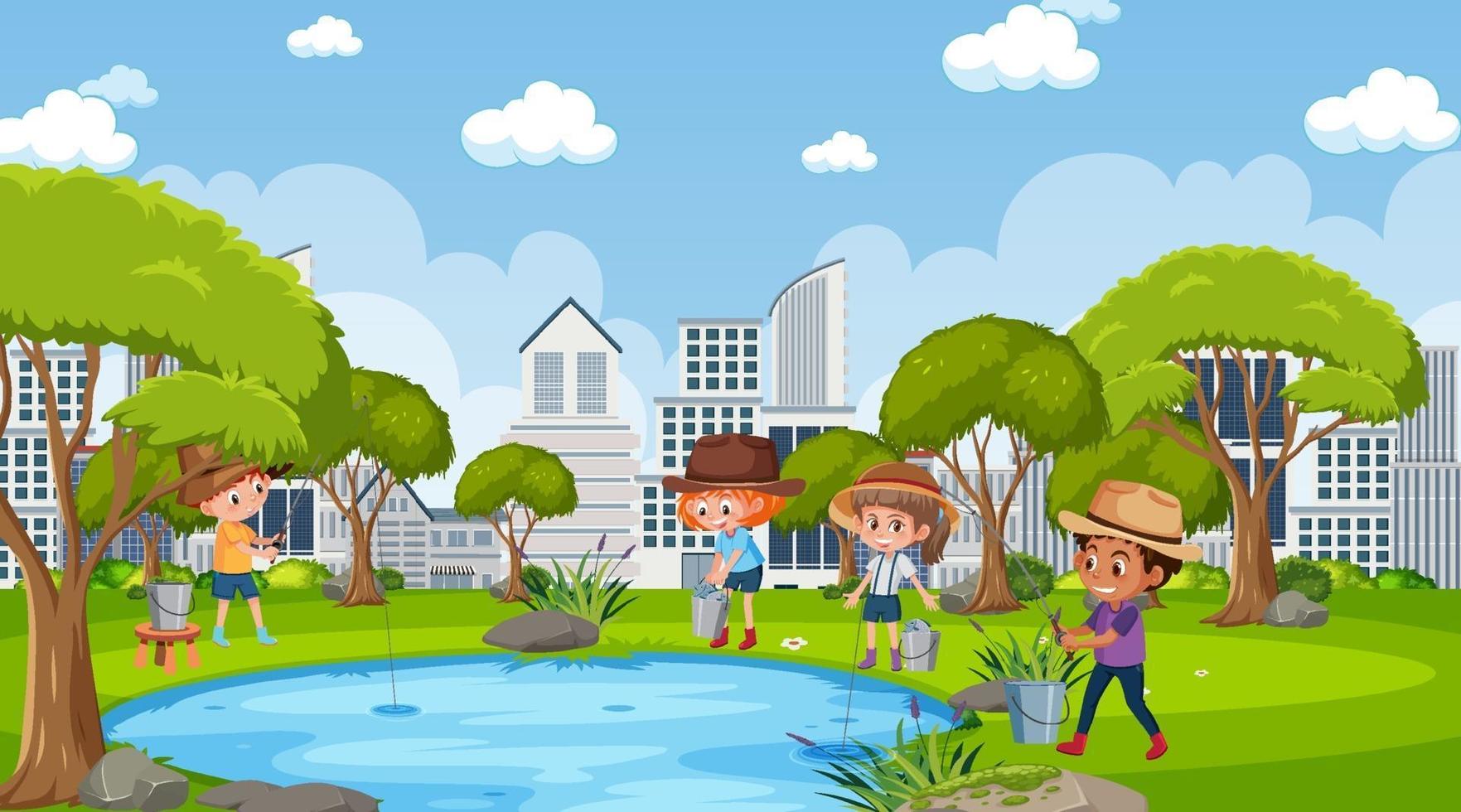 Park scene with many children fishing in the pond vector