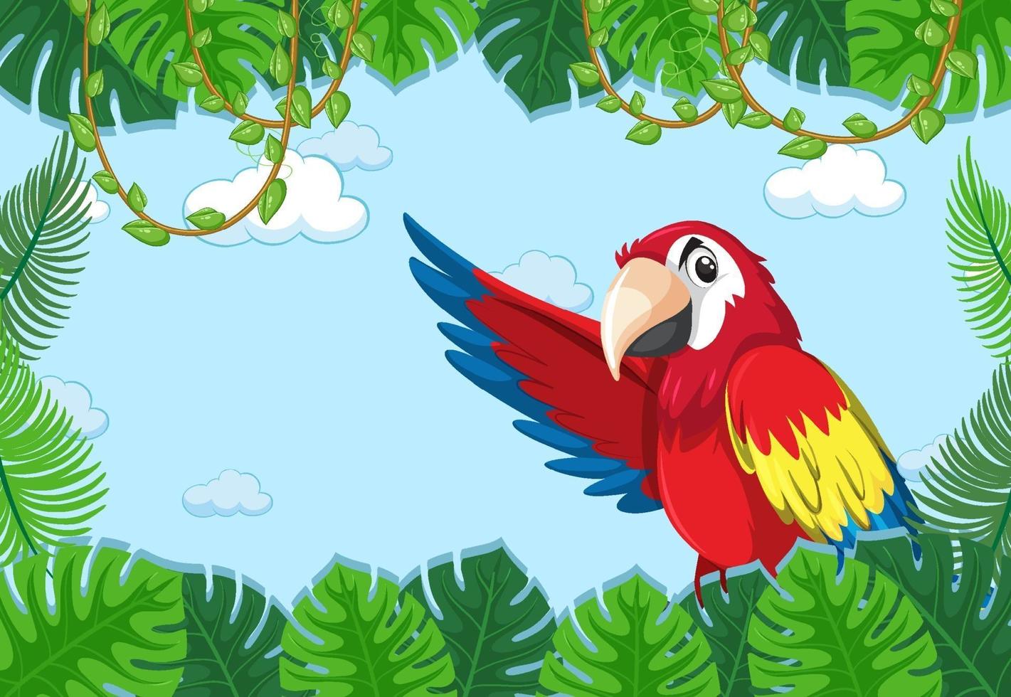 Banner vacío con marco de hojas tropicales y personaje de dibujos animados de pájaro loro vector