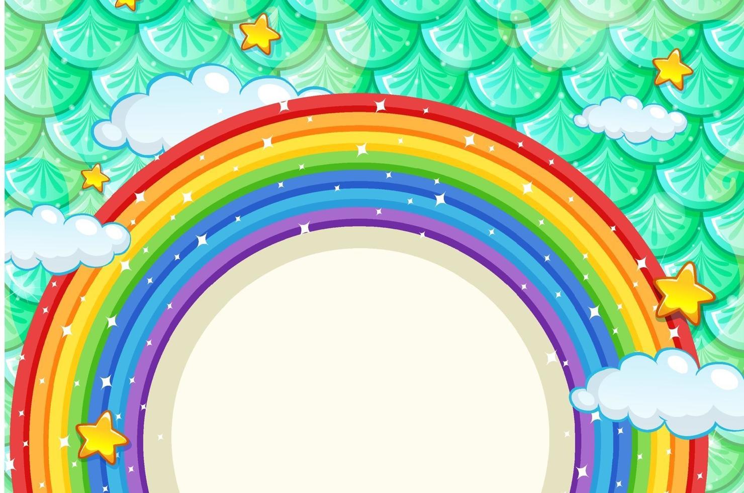 Banner en blanco con marco de arco iris sobre fondo de escamas de pescado verde vector