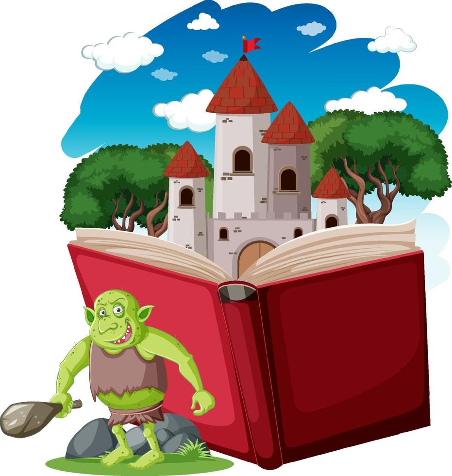 personaje de dibujos animados duende o troll con un libro de cuentos vector