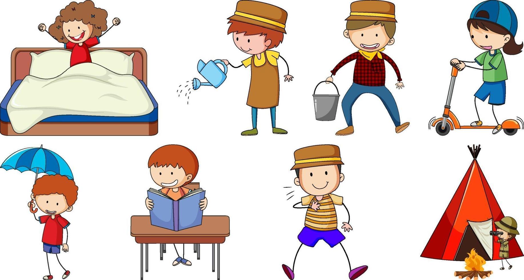 Set of different doodle kids cartoon character vector