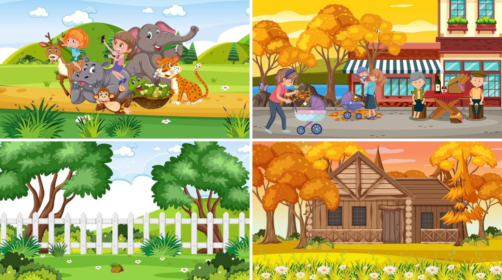 Set of different nature scenes background in cartoon style vector