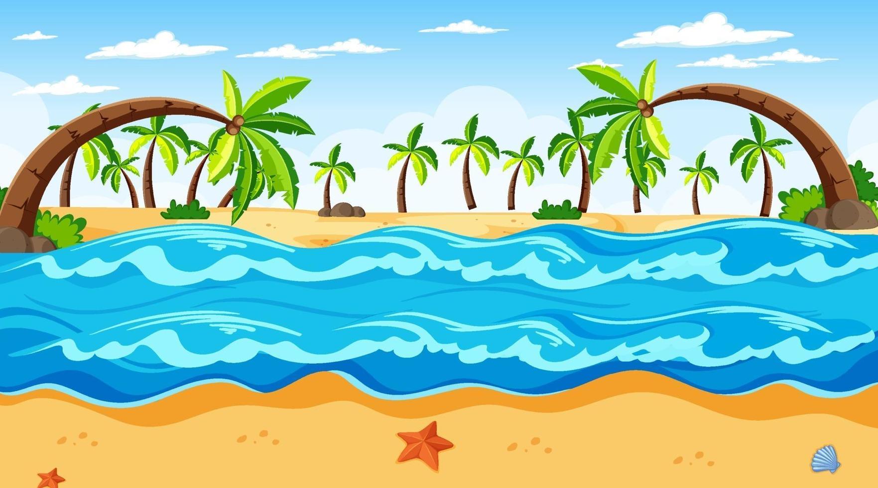 Tropical beach landscape scene with many palm trees at day time vector