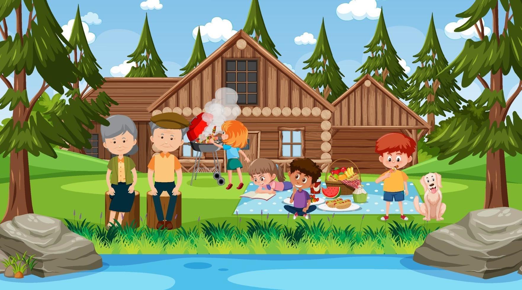 Nature outdoor scene with happy family having a picnic vector