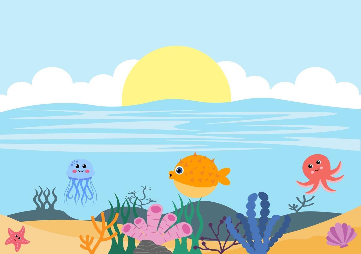 paisaje submarino y linda vida animal en el mar con caballitos de mar, estrellas de mar, pulpos, tortugas, tiburones, peces, medusas, cangrejos. ilustración vectorial vector