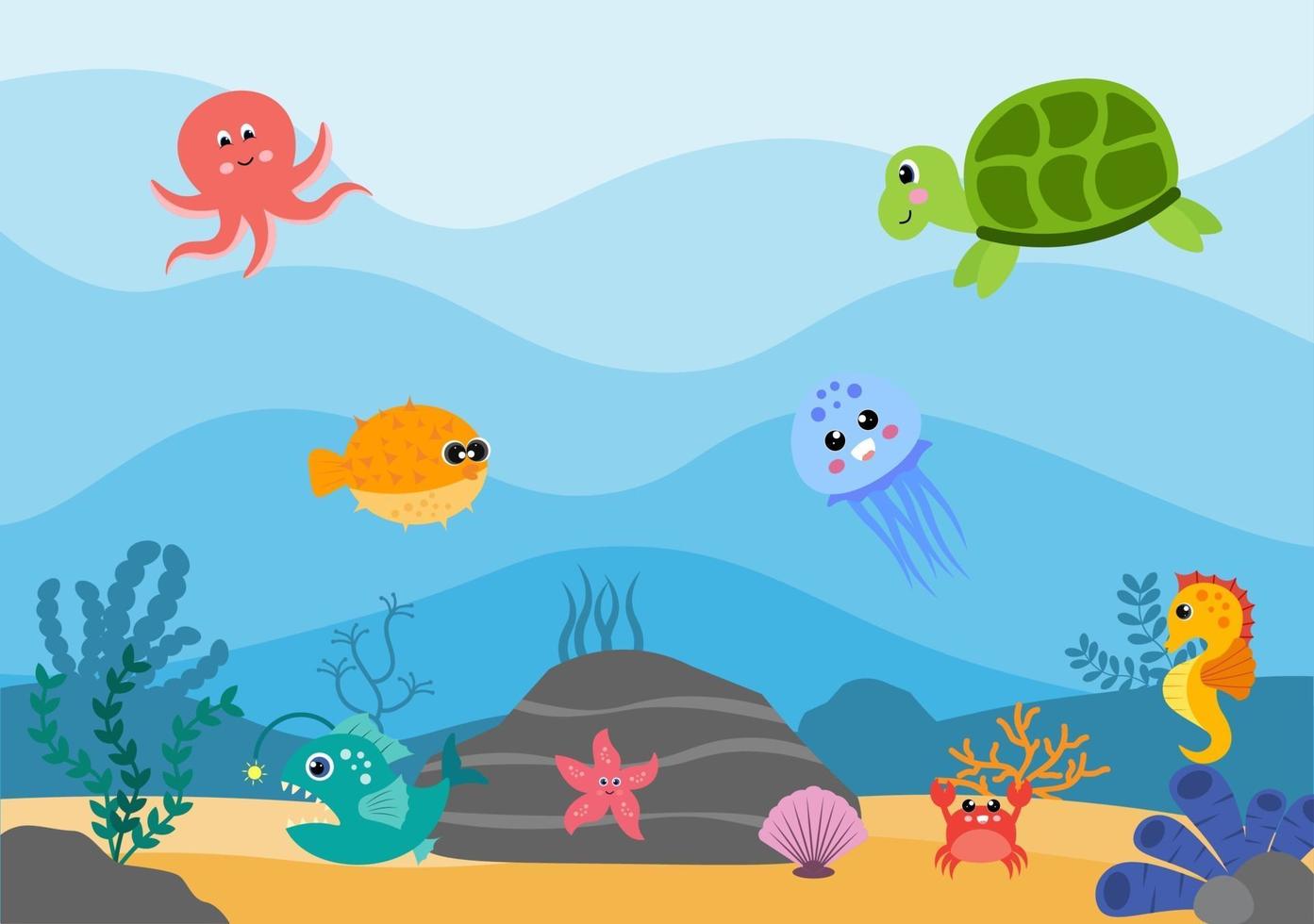 Underwater Scenery and Cute Animal Life in the Sea with Seahorses, Starfish, Octopus, Turtles, Sharks, Fish, Jellyfish, Crabs. Vector Illustration