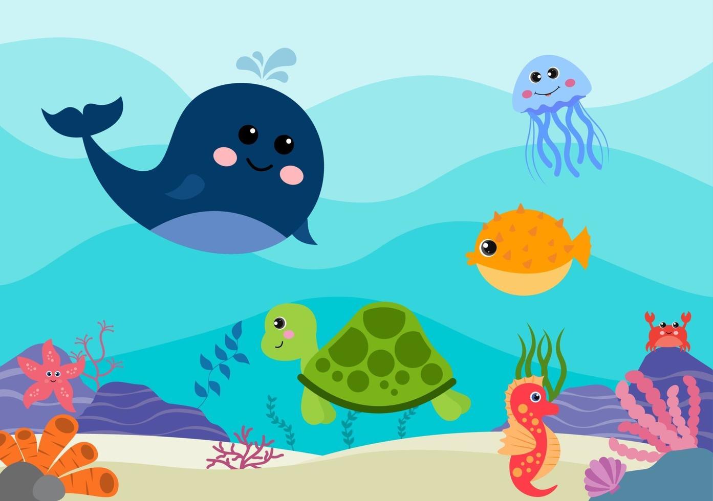 Underwater Scenery and Cute Animal Life in the Sea with Seahorses, Starfish, Octopus, Turtles, Sharks, Fish, Jellyfish, Crabs. Vector Illustration