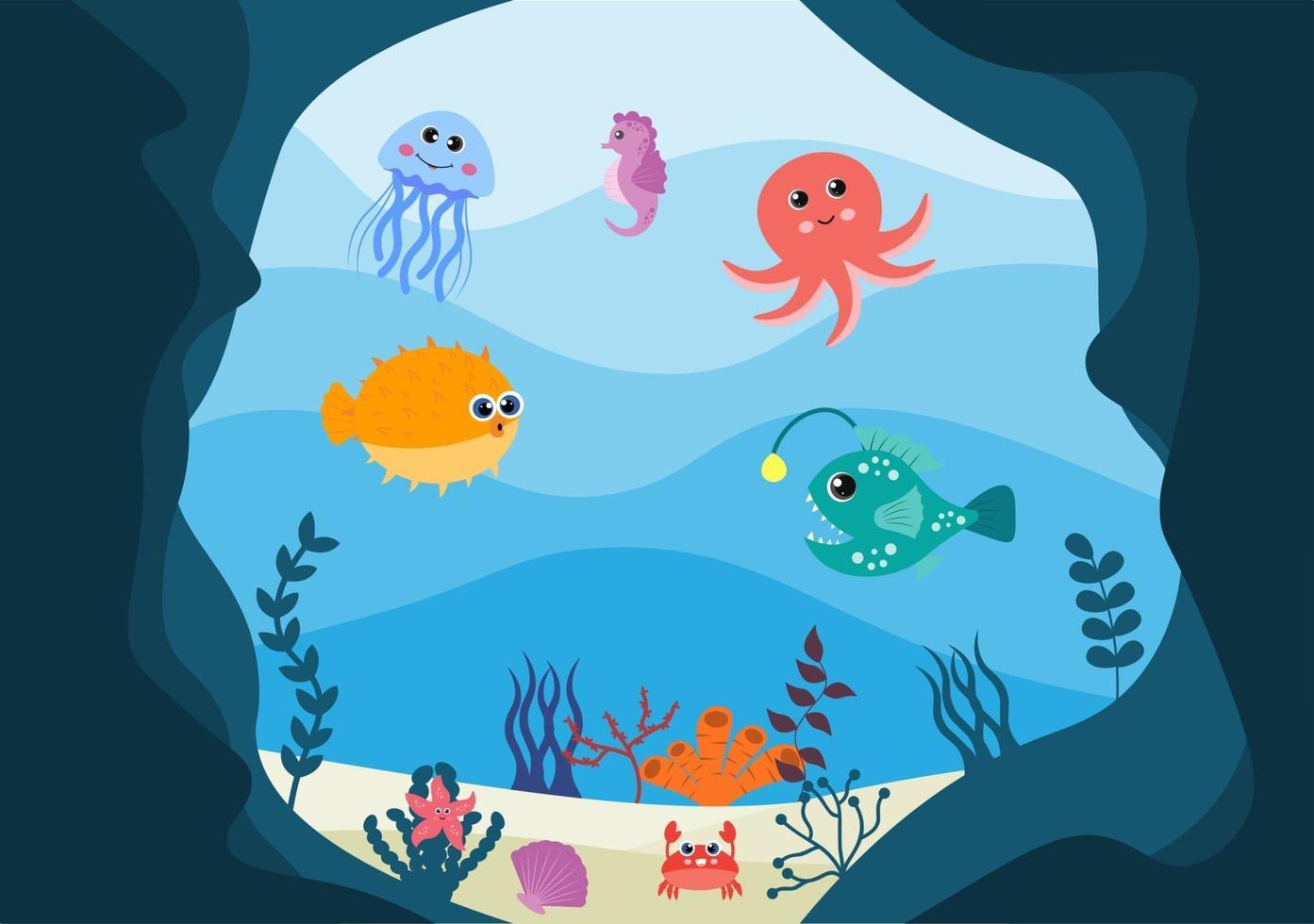 Underwater Scenery and Cute Animal Life in the Sea with Seahorses, Starfish, Octopus, Turtles, Sharks, Fish, Jellyfish, Crabs. Vector Illustration