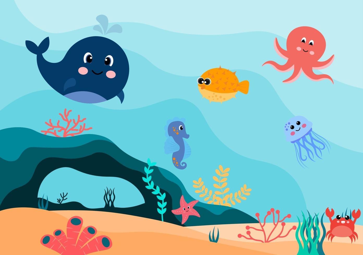 paisaje submarino y linda vida animal en el mar con caballitos de mar, estrellas de mar, pulpos, tortugas, tiburones, peces, medusas, cangrejos. ilustración vectorial vector