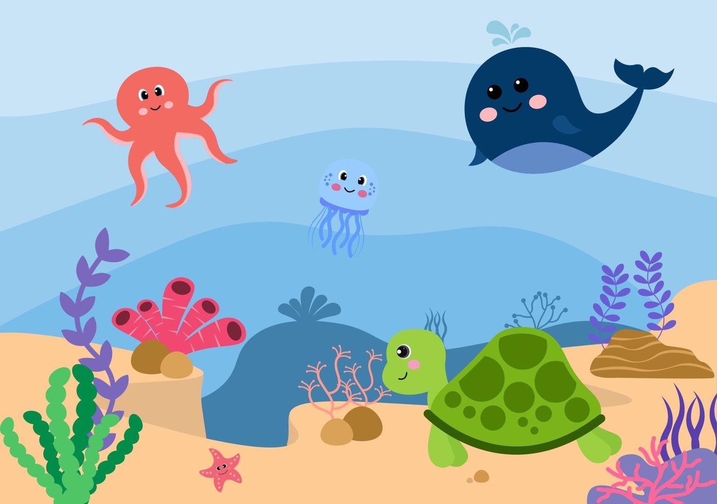 Underwater Scenery and Cute Animal Life in the Sea with Seahorses, Starfish, Octopus, Turtles, Sharks, Fish, Jellyfish, Crabs. Vector Illustration