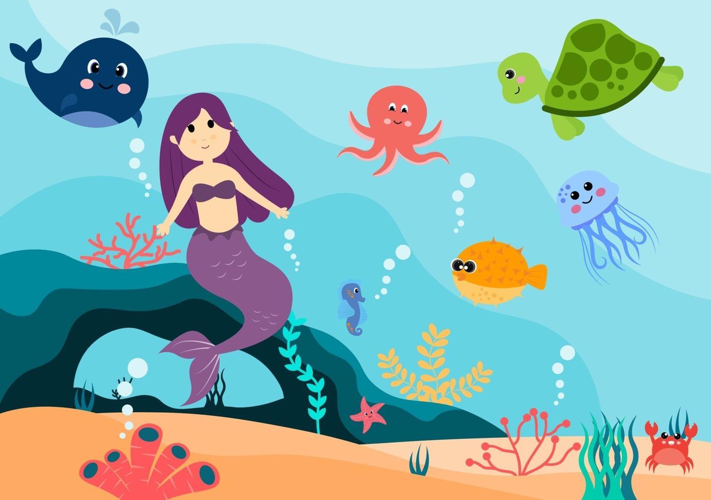 Underwater Mermaid Vector Illustration Cute Sea Animals Cartoon Characters  Along with Fish, Turtle, Octopus, Seahorse, Crab 2178428 Vector Art at  Vecteezy