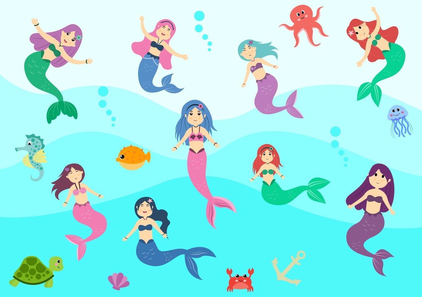 Ilustración de vector de sirena submarina personajes de dibujos animados de animales marinos lindos junto con peces, tortugas, pulpos, caballitos de mar, cangrejos