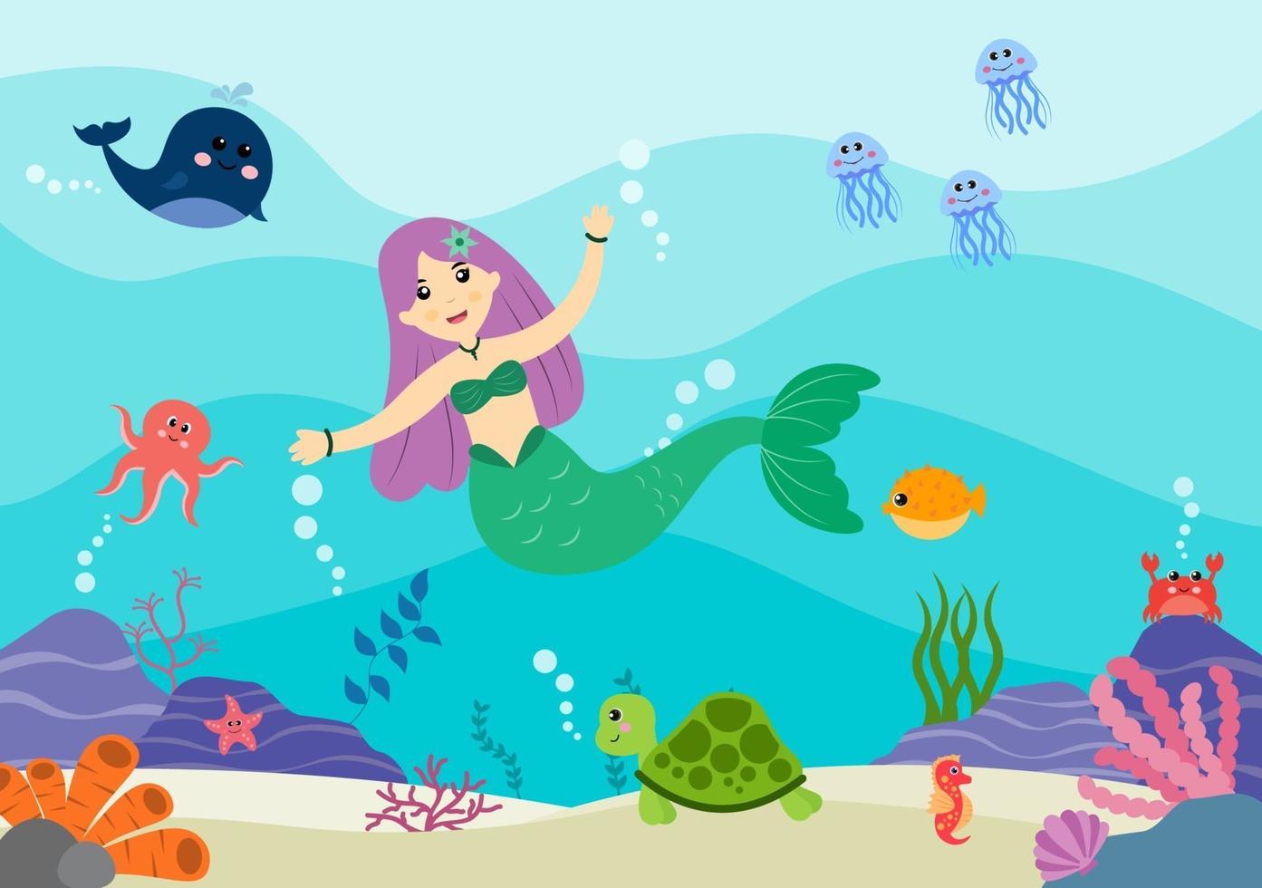 Ilustración de vector de sirena submarina personajes de dibujos animados de animales marinos lindos junto con peces, tortugas, pulpos, caballitos de mar, cra