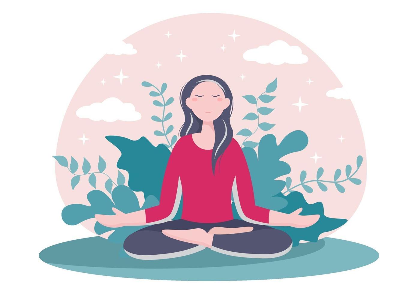 Yoga or Meditation Practices Aim for Health Benefits of the Body to Control Thoughts, Emotions, Inception and Searching for Ideas. Flat Design Vector Illustration