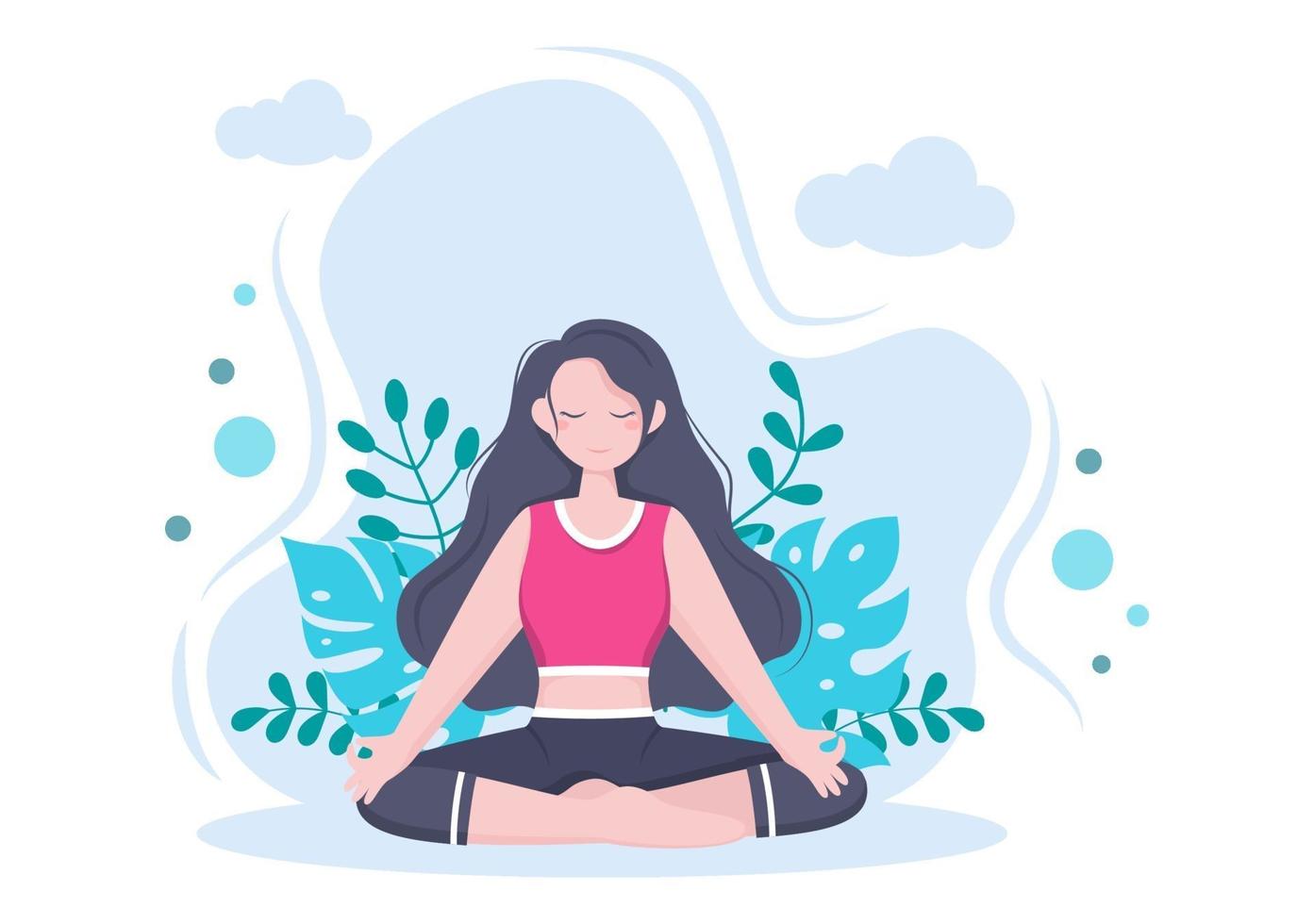 Las prácticas de yoga o meditación tienen como objetivo los beneficios para la salud del cuerpo para controlar los pensamientos, las emociones, el inicio y la búsqueda de ideas. ilustración vectorial de diseño plano vector