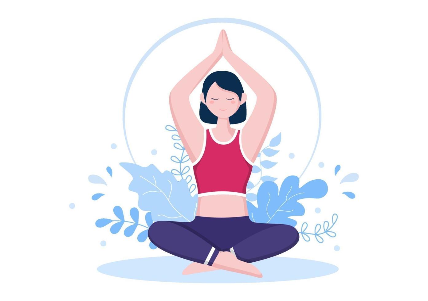 Las prácticas de yoga o meditación tienen como objetivo los beneficios para la salud del cuerpo para controlar los pensamientos, las emociones, el inicio y la búsqueda de ideas. ilustración vectorial de diseño plano vector