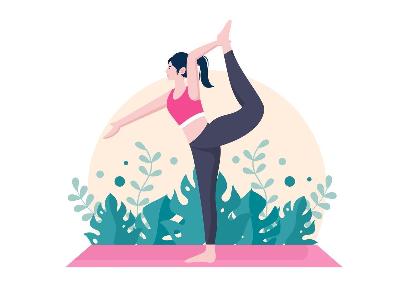 Las prácticas de yoga o meditación tienen como objetivo los beneficios para la salud del cuerpo para controlar los pensamientos, las emociones, el inicio y la búsqueda de ideas. ilustración vectorial de diseño plano vector