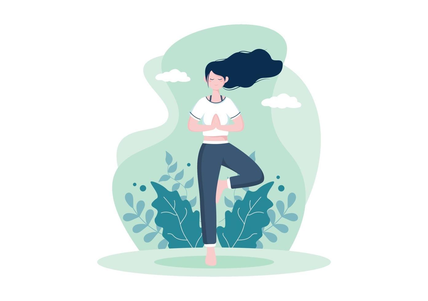 Las prácticas de yoga o meditación tienen como objetivo los beneficios para la salud del cuerpo para controlar los pensamientos, las emociones, el inicio y la búsqueda de ideas. ilustración vectorial de diseño plano vector