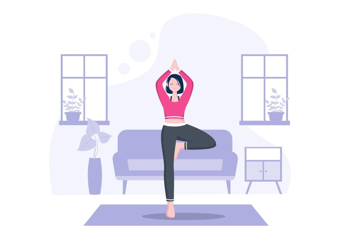 Las prácticas de yoga o meditación tienen como objetivo los beneficios para la salud del cuerpo para controlar los pensamientos, las emociones, el inicio y la búsqueda de ideas. ilustración vectorial de diseño plano vector