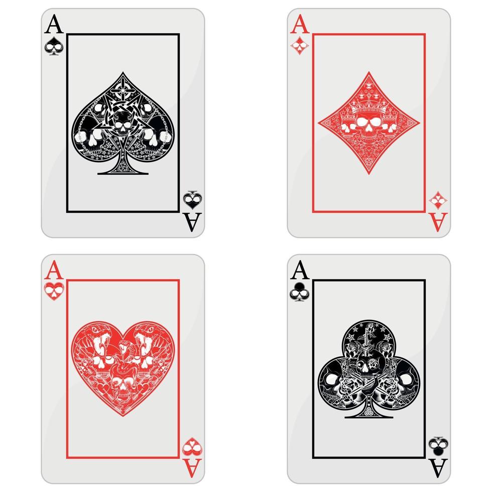 diseño de cartas de póquer con calaveras, los símbolos de corazón, diamante, trébol y as con diferentes estilos de línea. vector