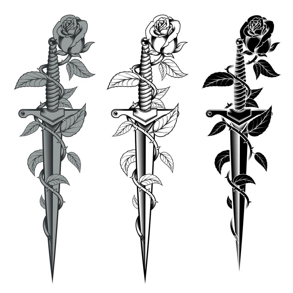 Rose with dagger in black and white vector