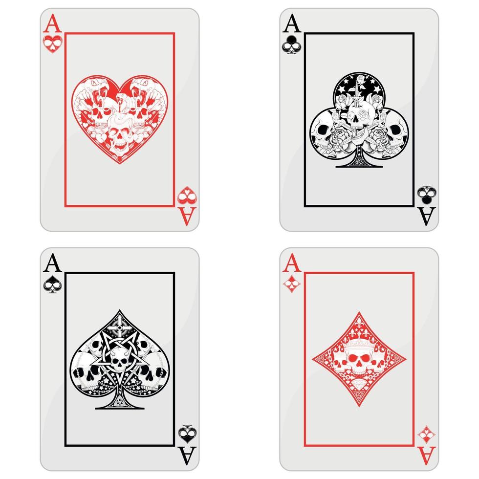 Diseño vectorial de cartas de póquer con calaveras, los símbolos de corazón, diamante, trébol y as con diferentes estilos. vector