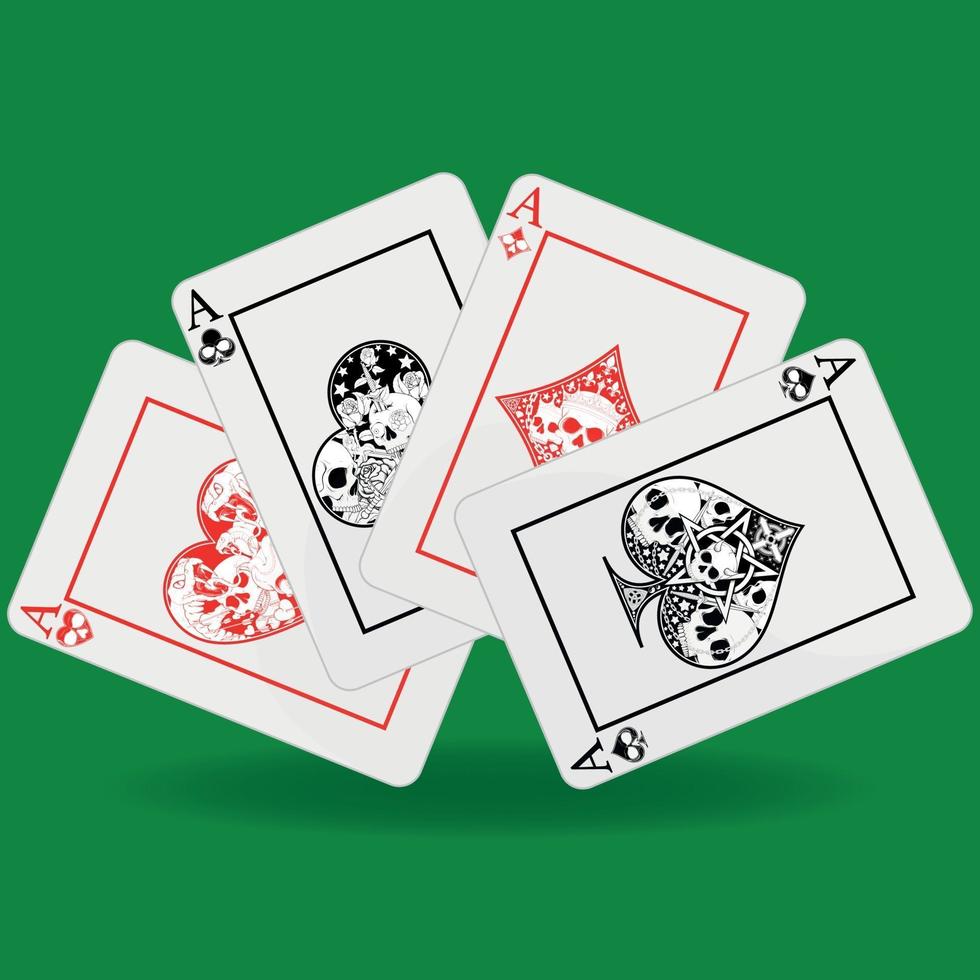 Poker hand, heart, diamond, clover and ace symbols with different skull designs vector