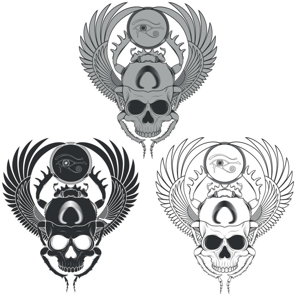 Vector design of scary winged scarab with skull, ancient egypt scarab with the eye of horus, scarab silhouette with grayscale skull