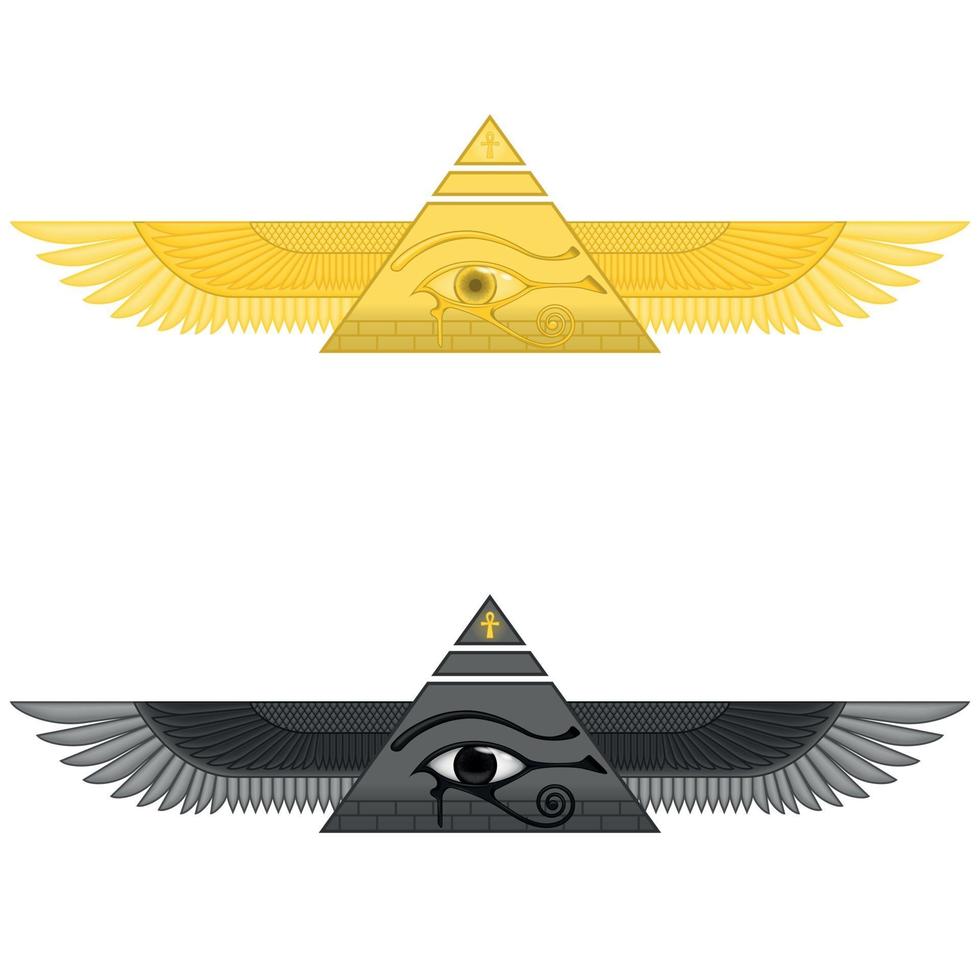 Illustration of winged pyramid with eye of horus, ancient egyptian pyramid with wings, winged pyramid, eye of horus, cross ankh vector