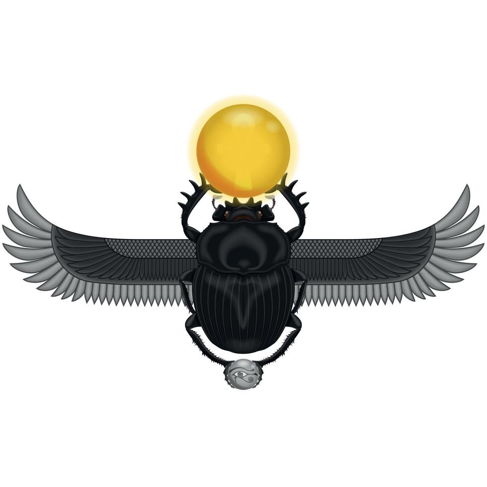 Ancient Egyptian iconography, winged scarab with symbol of the eye of horus and ankh cross, dung beetle from Egyptian mythology vector
