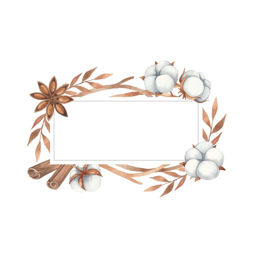 Watercolor frame invitation on a white background, cotton flowers, anise and twigs in brown shades vector