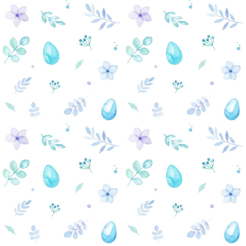 Easter watercolor seamless pattern with colorful eggs, flowers and leaves, isolated on white vector