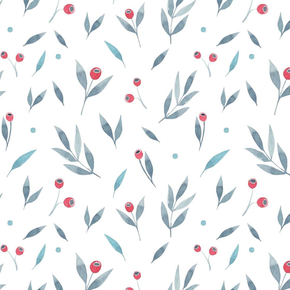 Watercolor floral pattern with grey leaves and red berries on white background. Hand painted illustration. vector