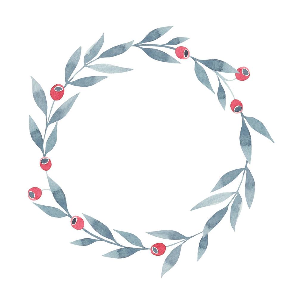 Watercolor wreath with grey leaves and red berries vector