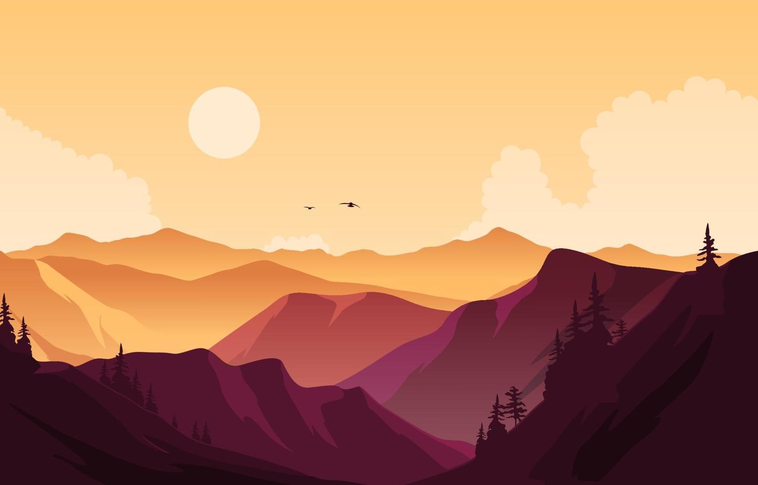 hermoso bosque de pinos panorama de montaña paisaje ilustración plana vector