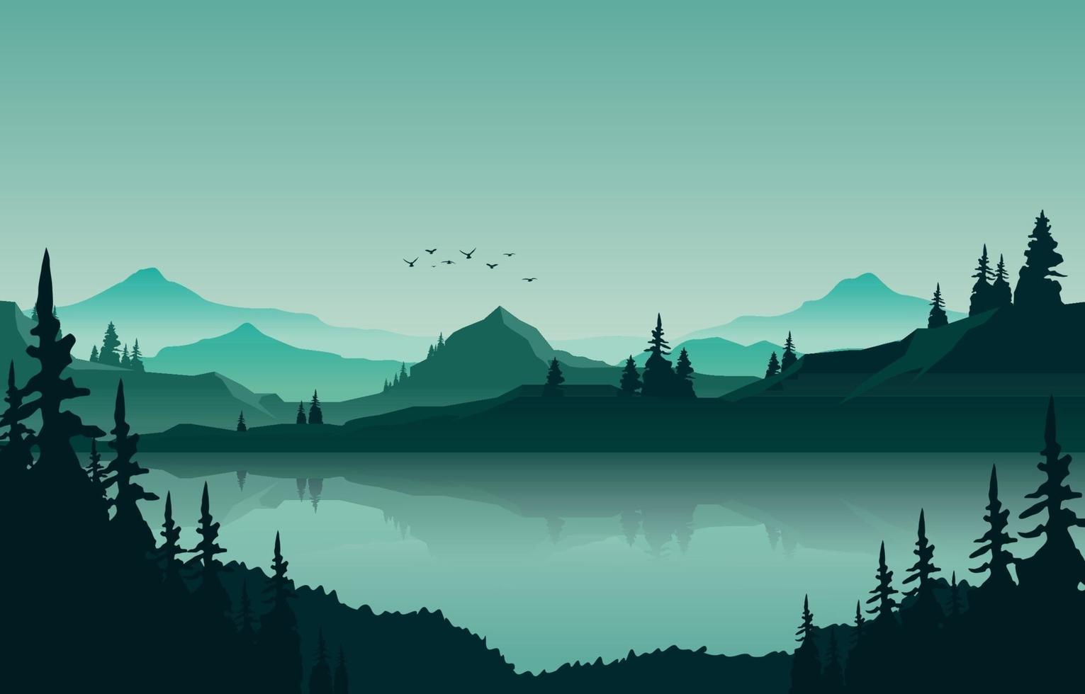 Lake Mountain Panorama Landscape in Green Monochrome Flat Illustration vector