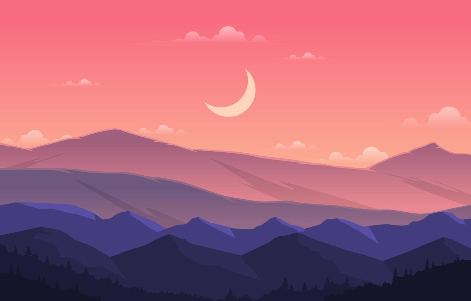 Peaceful Mountain Panorama Landscape in Monochromatic Flat Illustration vector