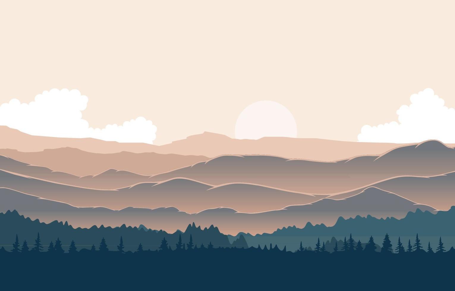 Peaceful Mountain Panorama Landscape in Monochromatic Flat Illustration vector