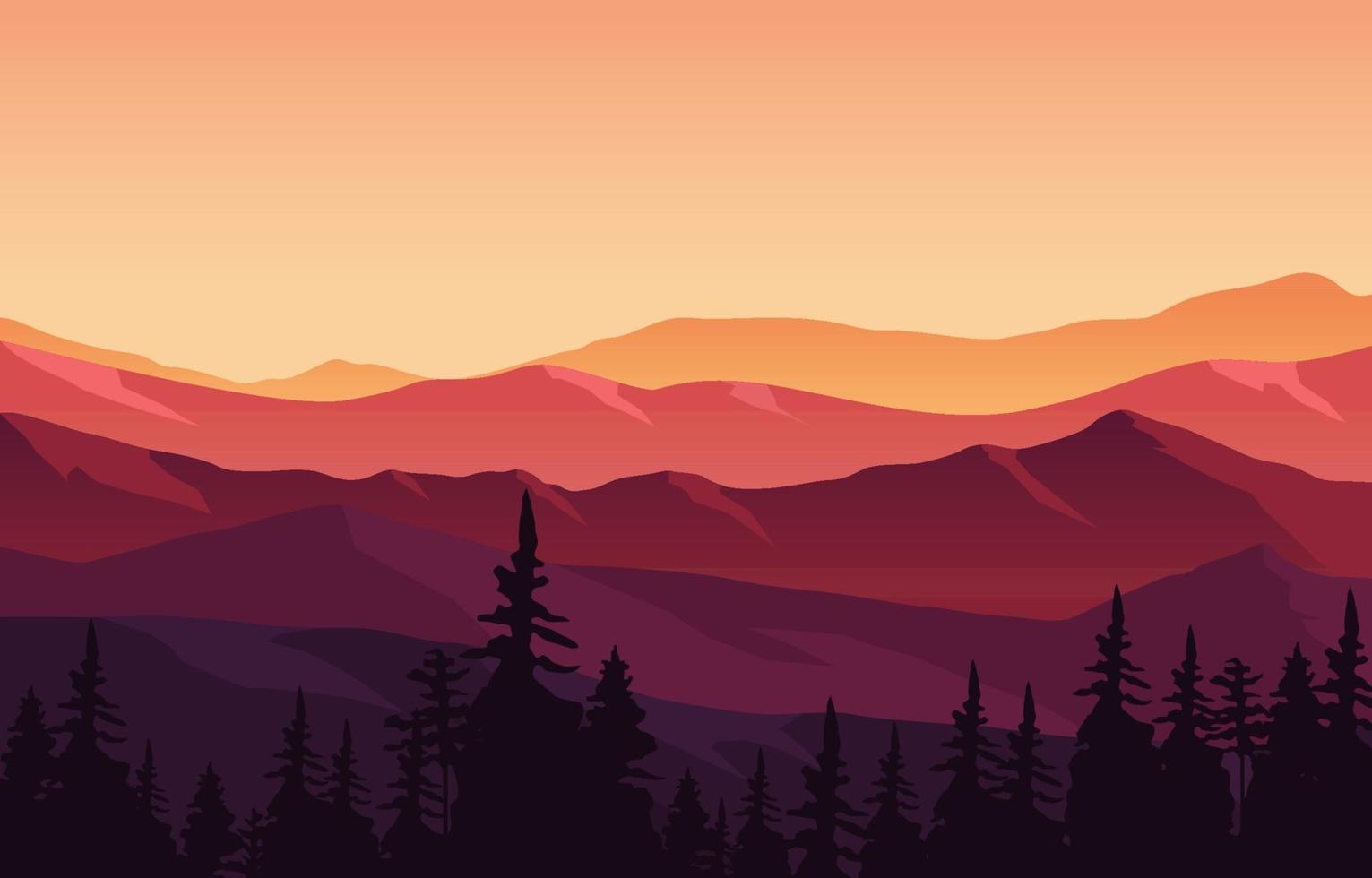 Beautiful Pine Forest Mountain Panorama Landscape Flat Illustration vector