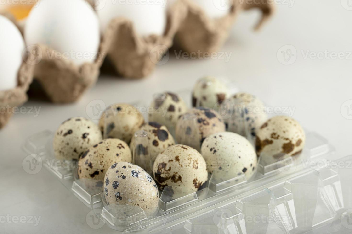huevos de gallina crudos en un recipiente de cartón y huevos de codorniz foto