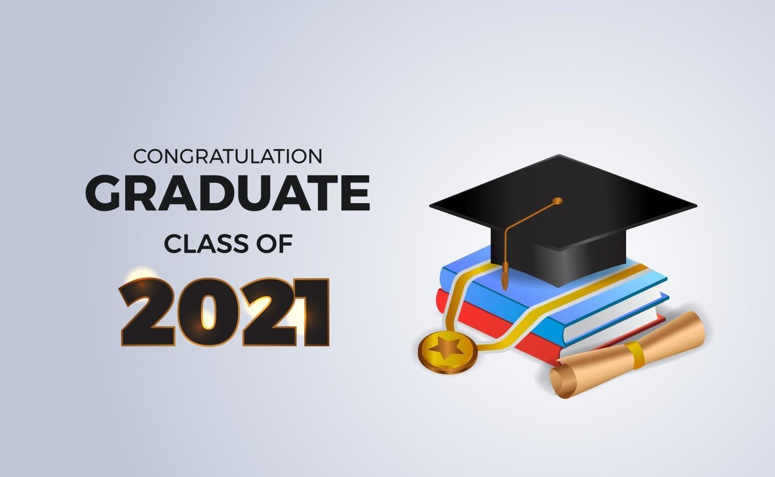Felicitaciones a la clase de posgrado de 2021 con un libro isométrico en 3D y un gorro de graduación y una medalla. vector