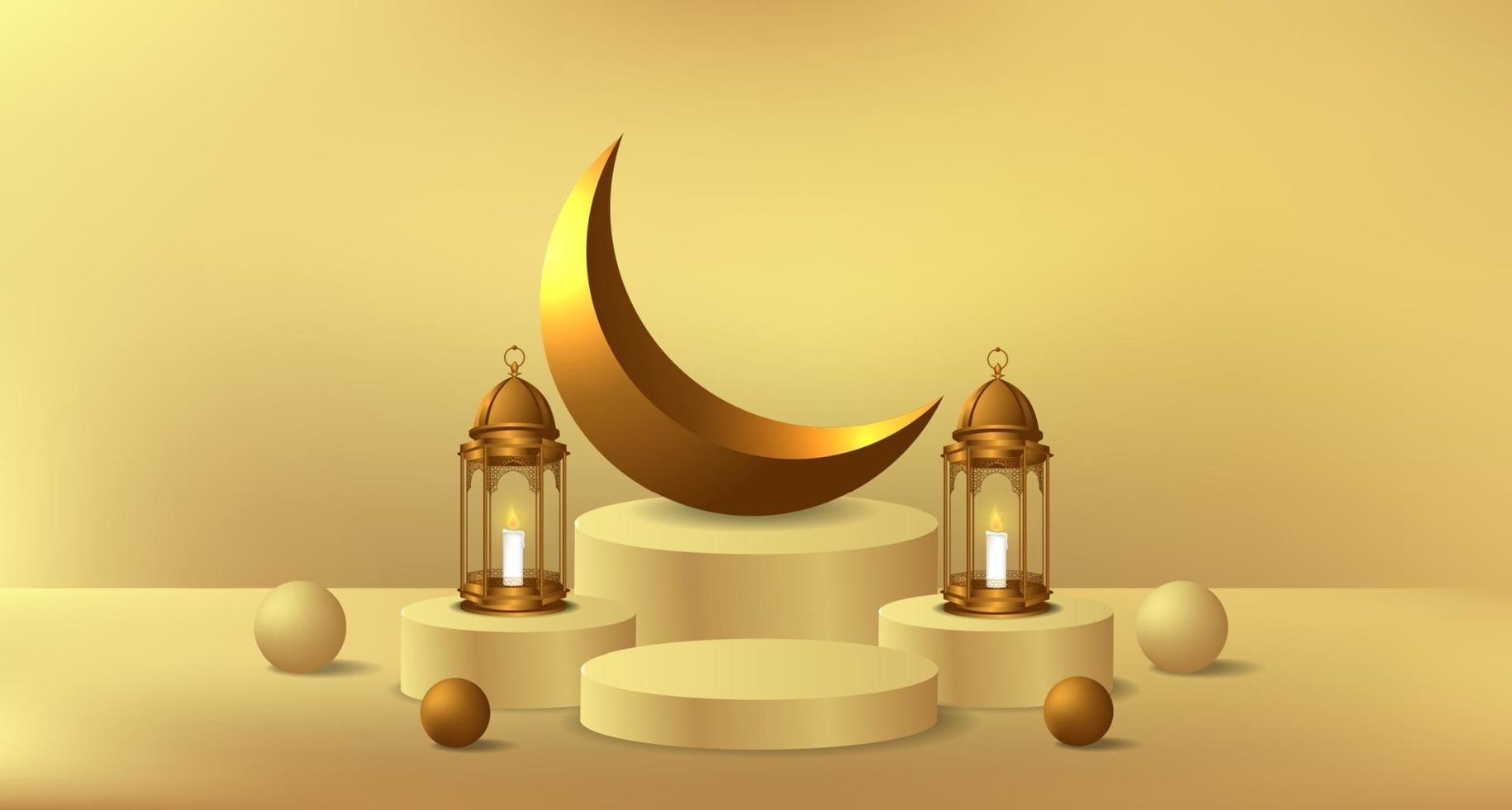 Ramadan islamic event with golden lantern and cylinder podium product display template vector