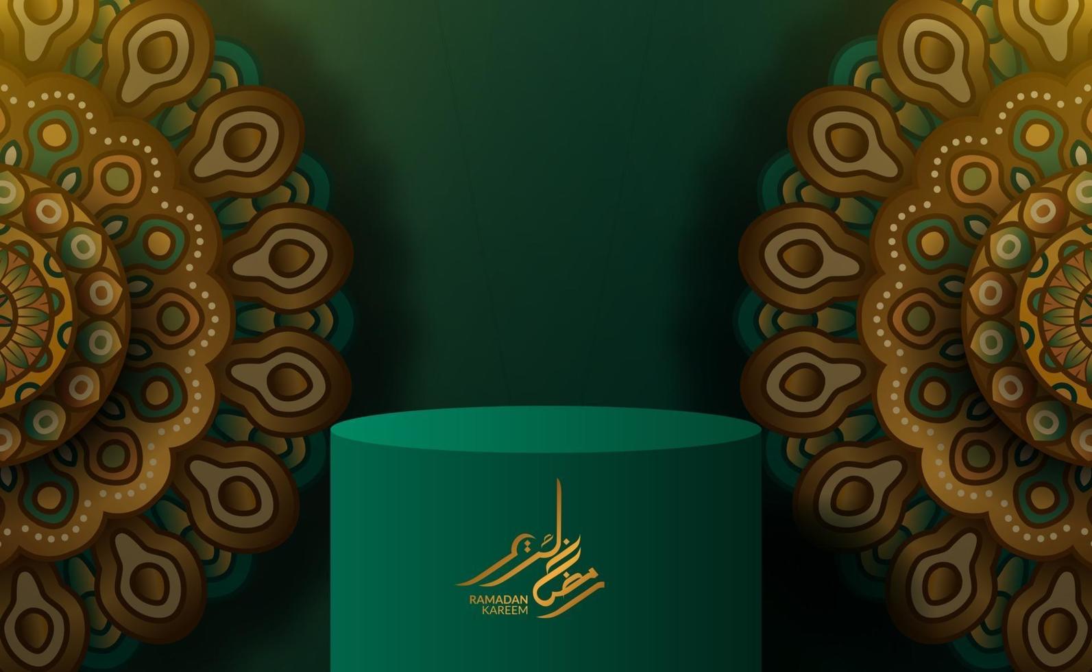 Cylinder podium display with mandala arabic pattern decoration with green background vector