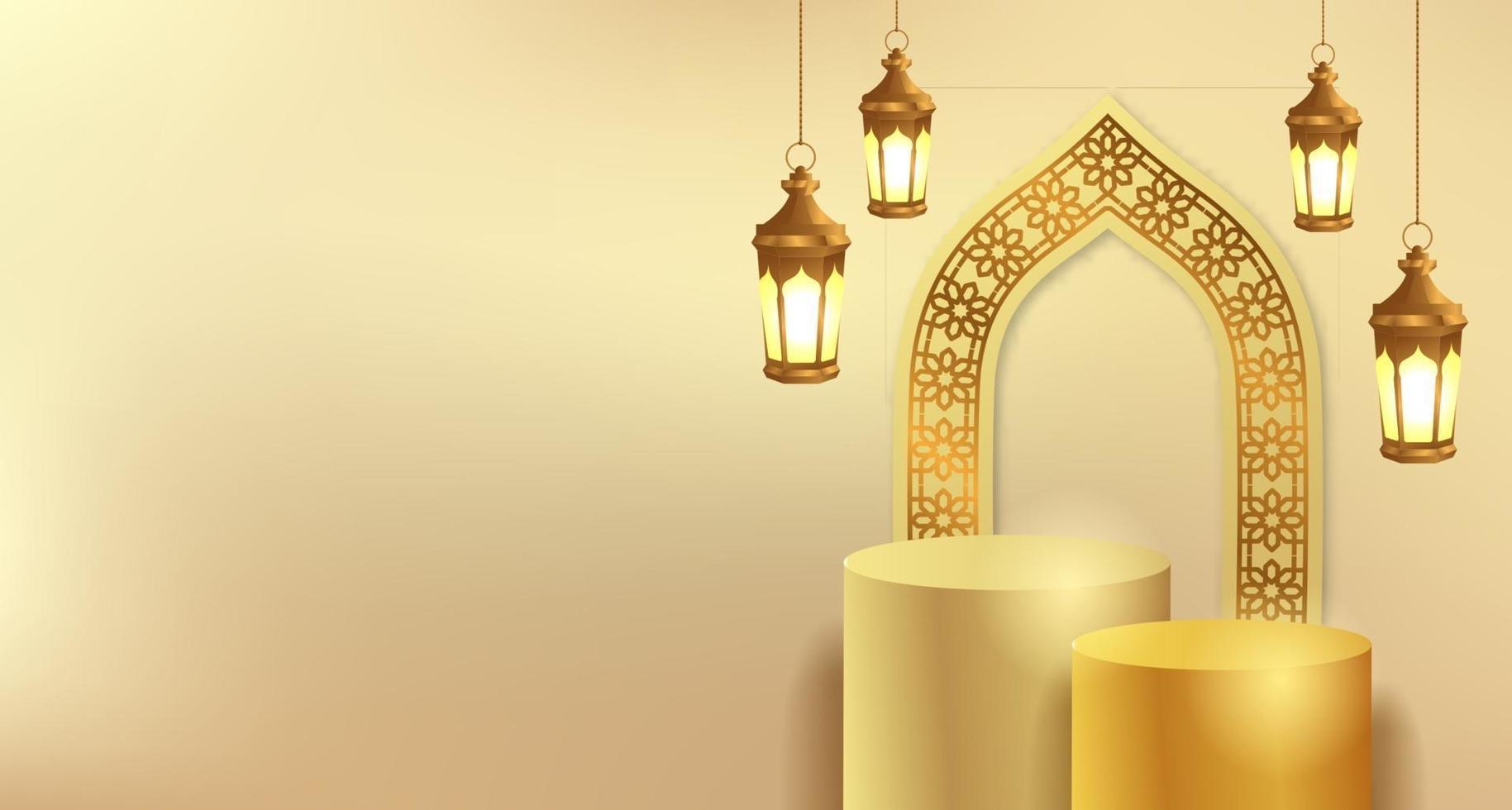Ramadan islamic event with golden lantern and cylinder podium product display template vector