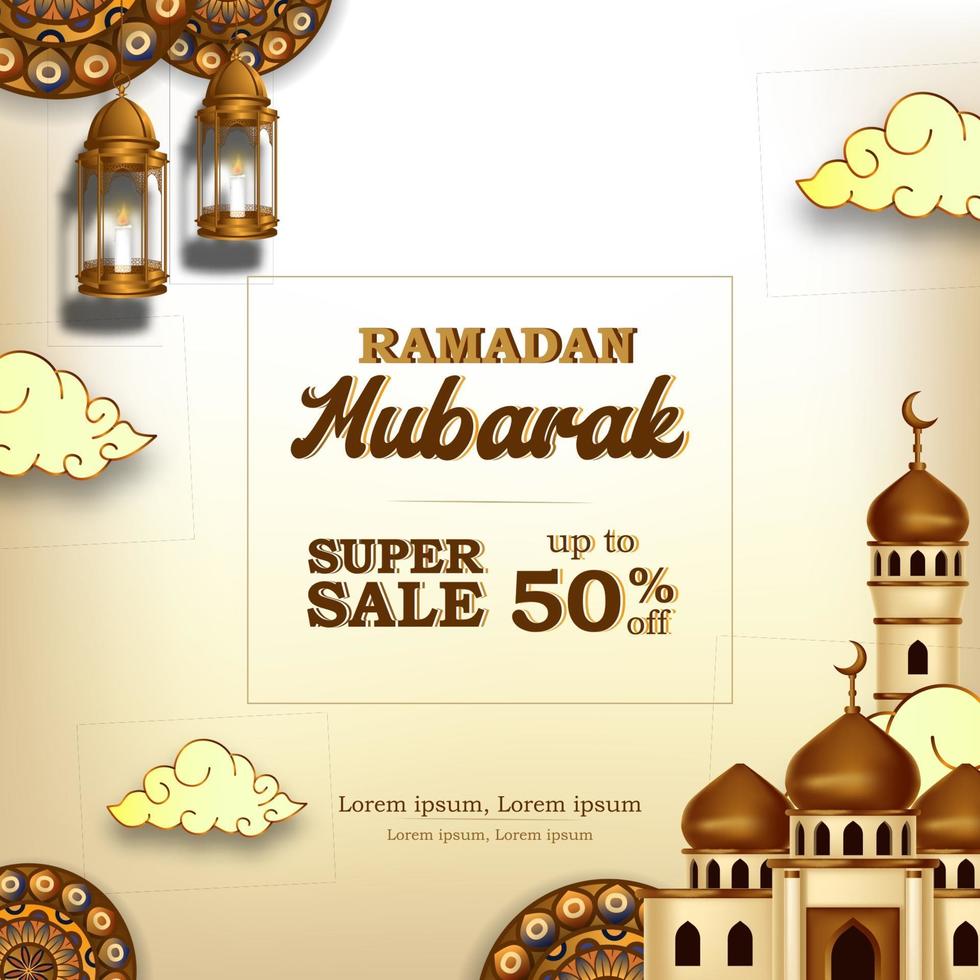 ramadan mubarak sale offer banner luxury elegant with mosque and lantern mandala decoration vector