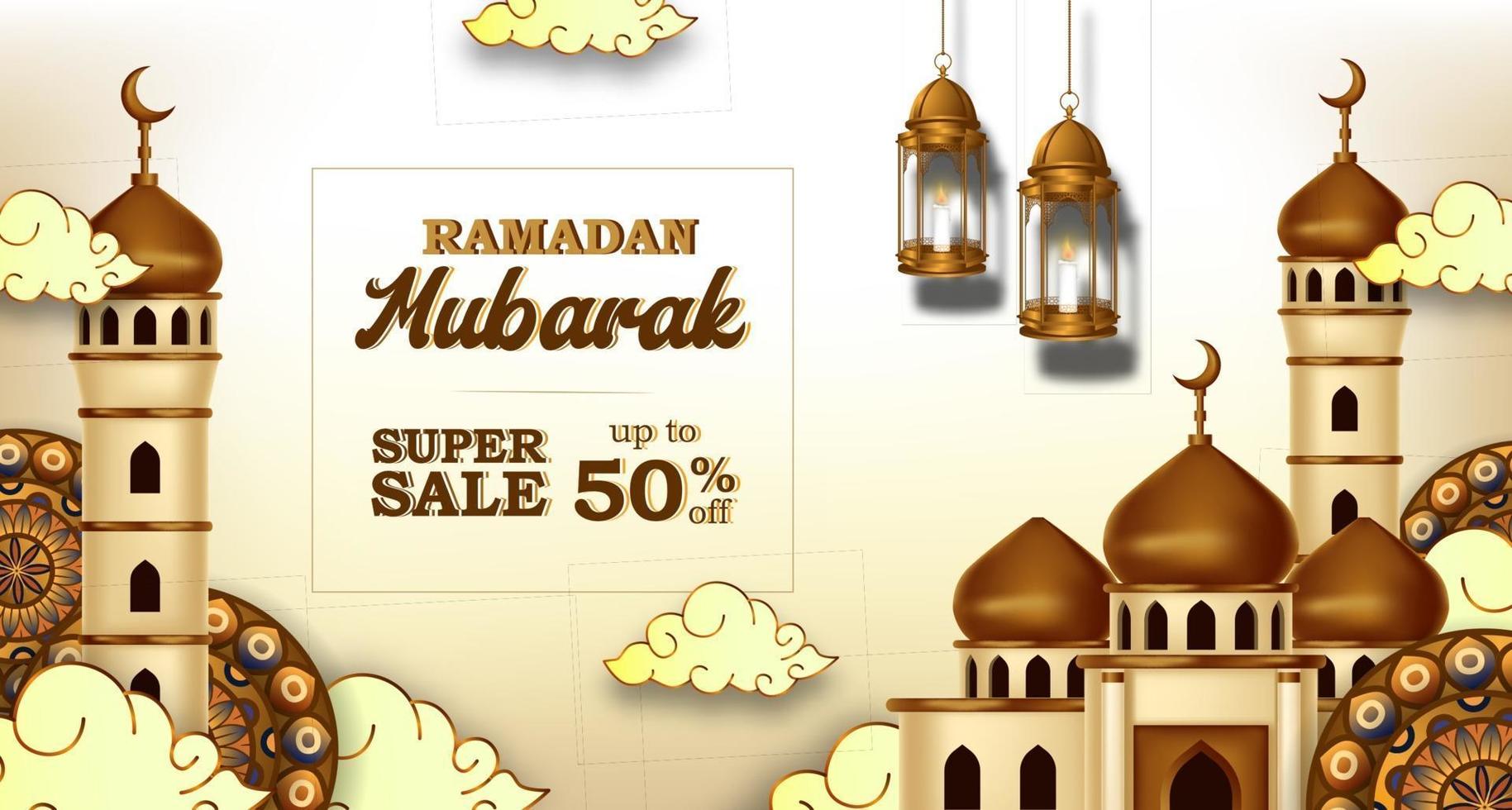 ramadan mubarak sale offer banner luxury elegant with mosque and lantern decoration vector