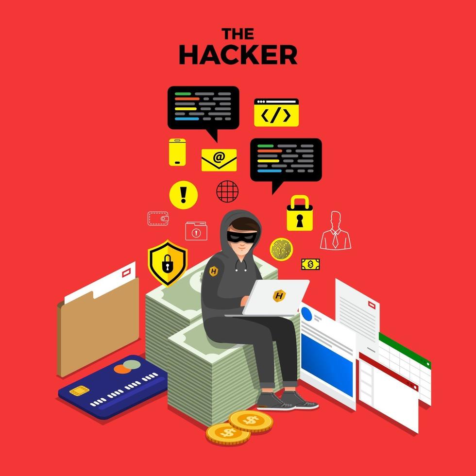 hacker cibernético robando datos en un dispositivo de internet vector