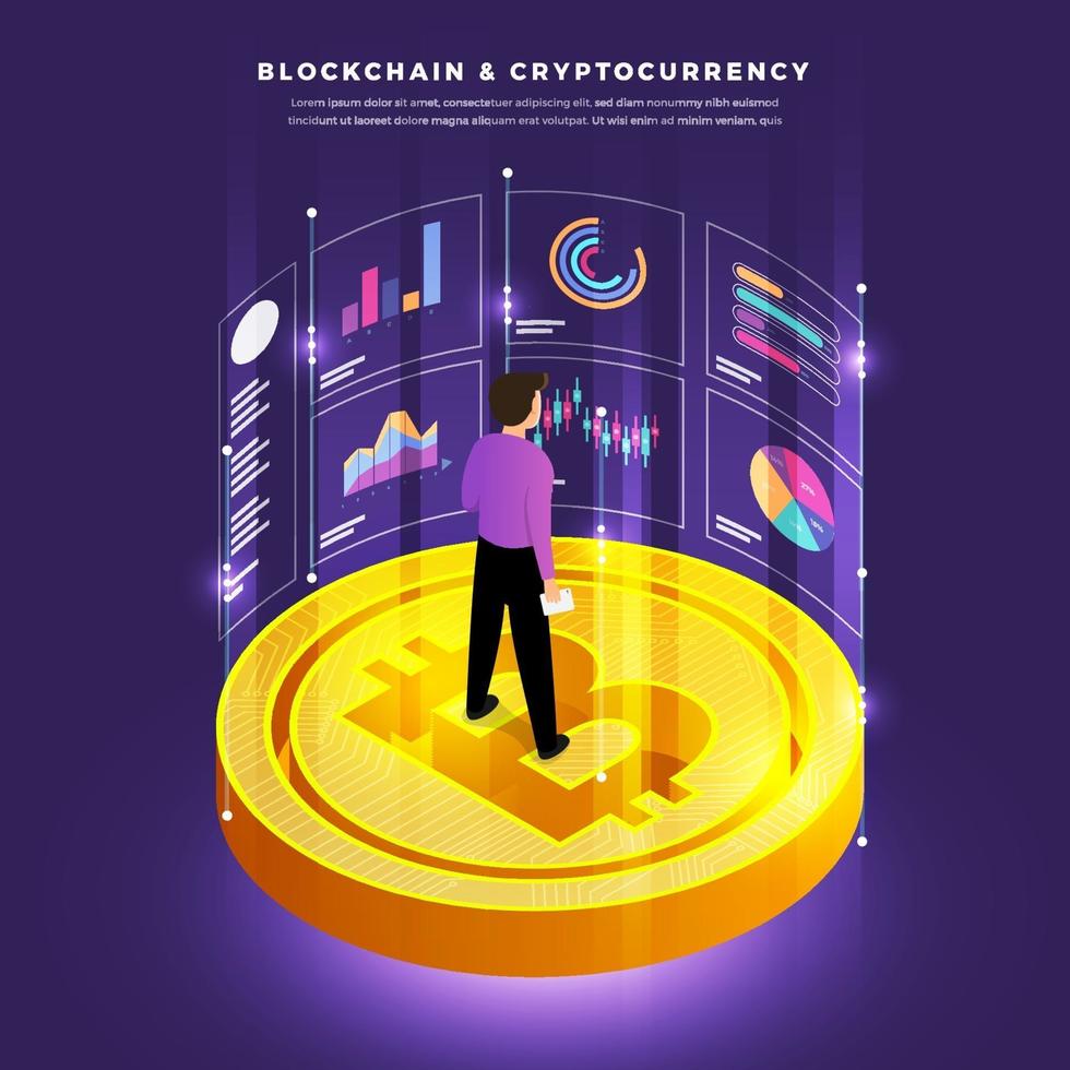 Flat design concept blockchain and cryptocurrency technology. Composition for layout design website banner. Isometric vector illustration.