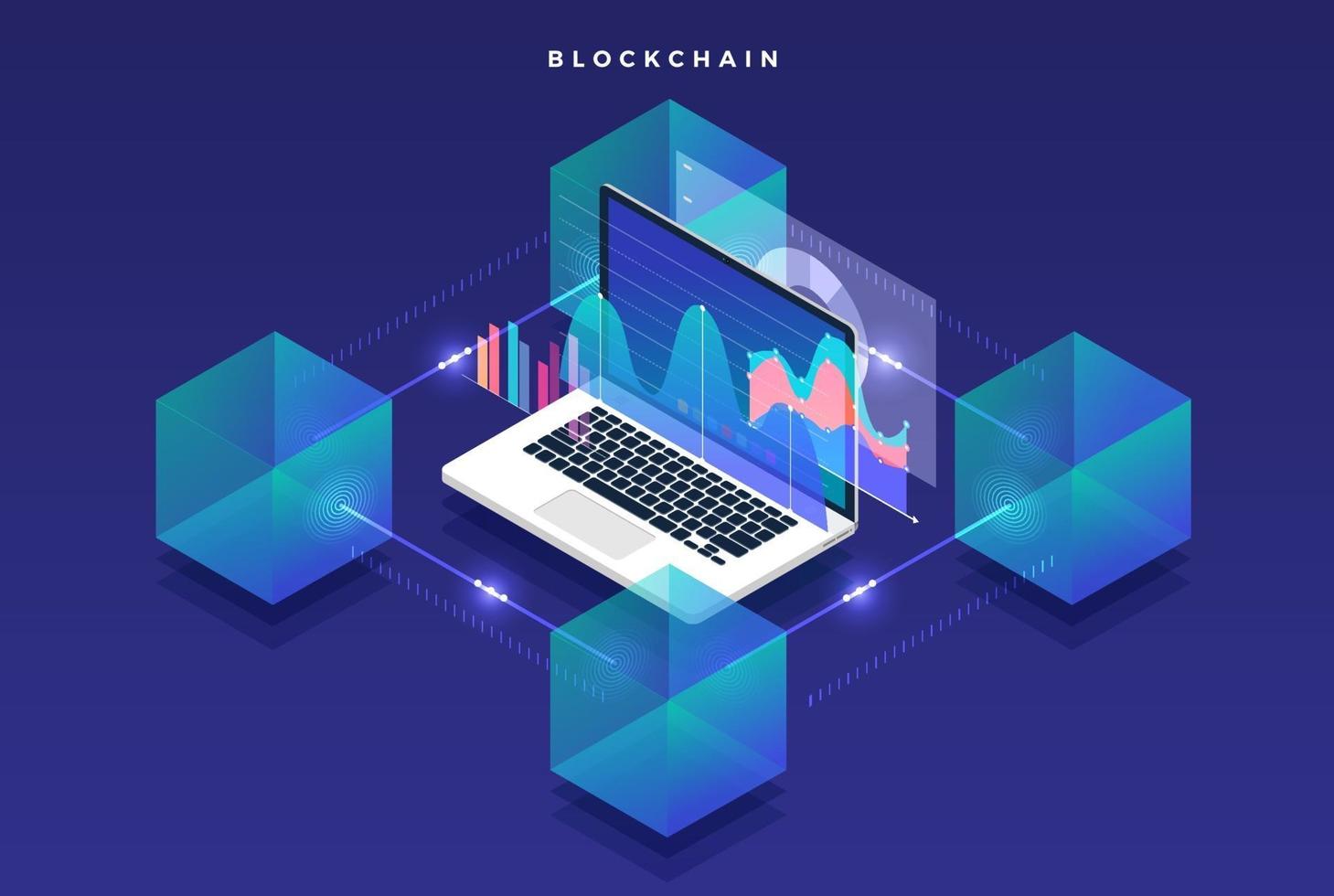 Flat design concept blockchain and cryptocurrency technology. Composition for layout design website banner. Isometric vector illustration.