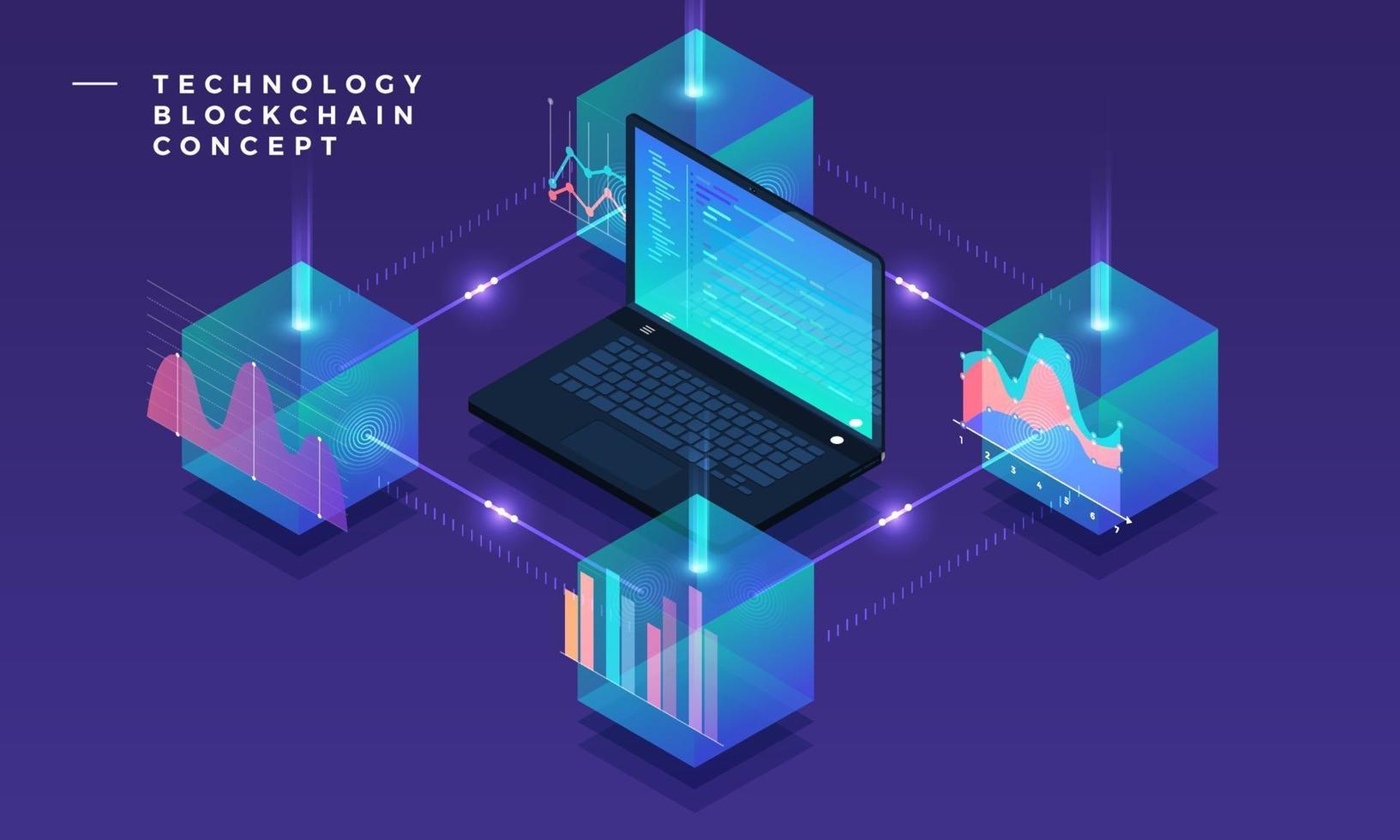 concepto de diseño plano blockchain y tecnología de criptomonedas. composición para banner de sitio web de diseño de diseño. ilustración vectorial isométrica. vector